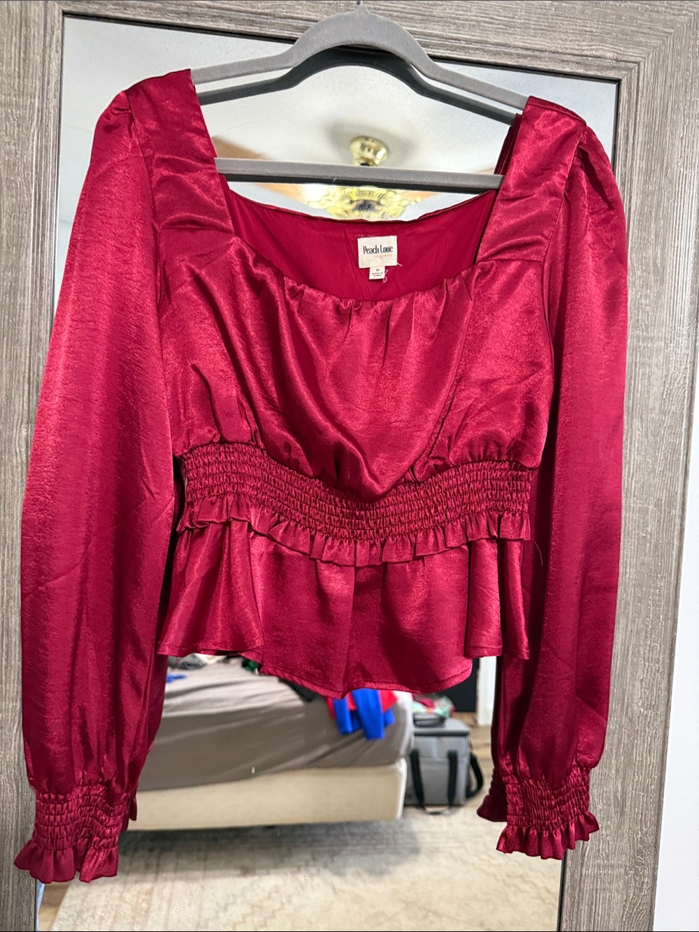 Peach Love California Satin Burgundy Long-Sleeve Peplum Blouse